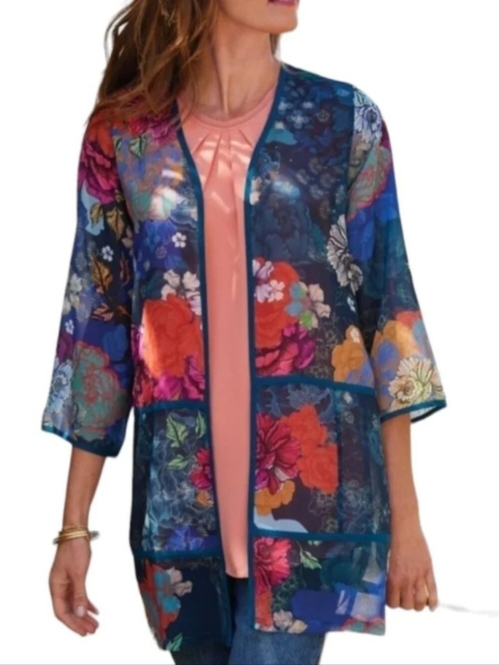 Soft Surroundings Blue Floral Renature Topper Kimono - Size Medium